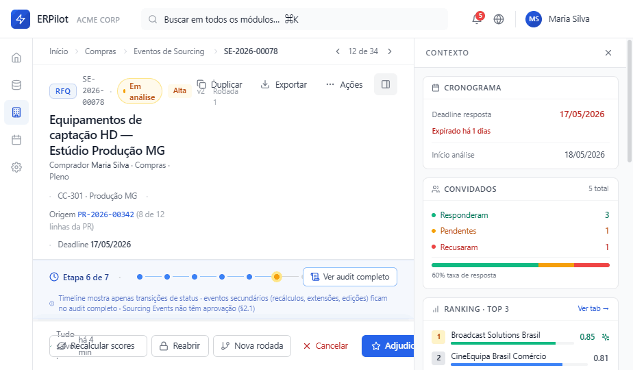 Tela de Sourcing Event (RFQ) do ERPILOT